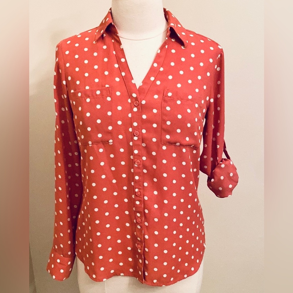 Express Pink Coral White Polka Dot SZ S Smart Casual Preppy Chic Retro Style Top